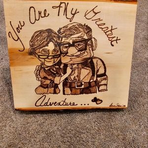 Handmade woodburned Carl and Ellie plaque